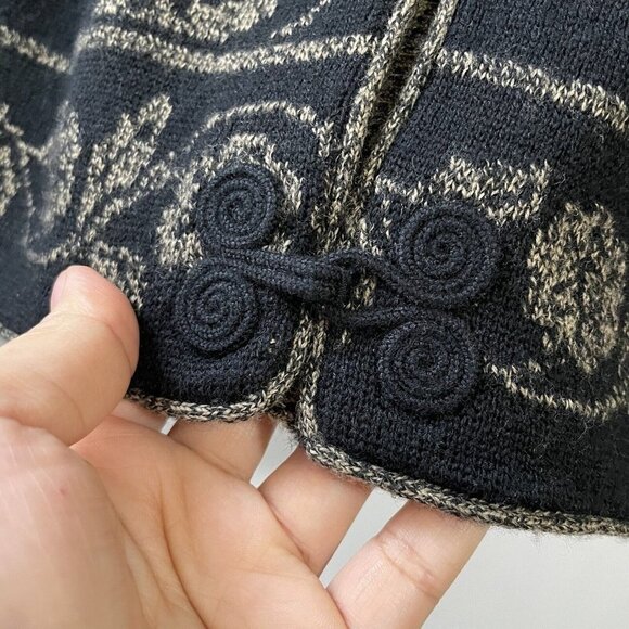 VTG Talbots Size S Black Gold Floral 100% Merino Wool Cardigan w/ Frog Closure - Picture 3 of 16